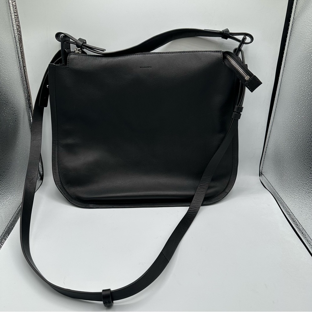 AllSaints Genuine Leather Messenger Crossbody Bag Black Adjustable
